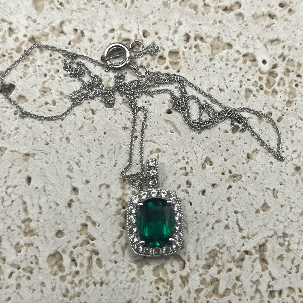 14k White Gold Lab Created Emerald Genuine Diamond necklace